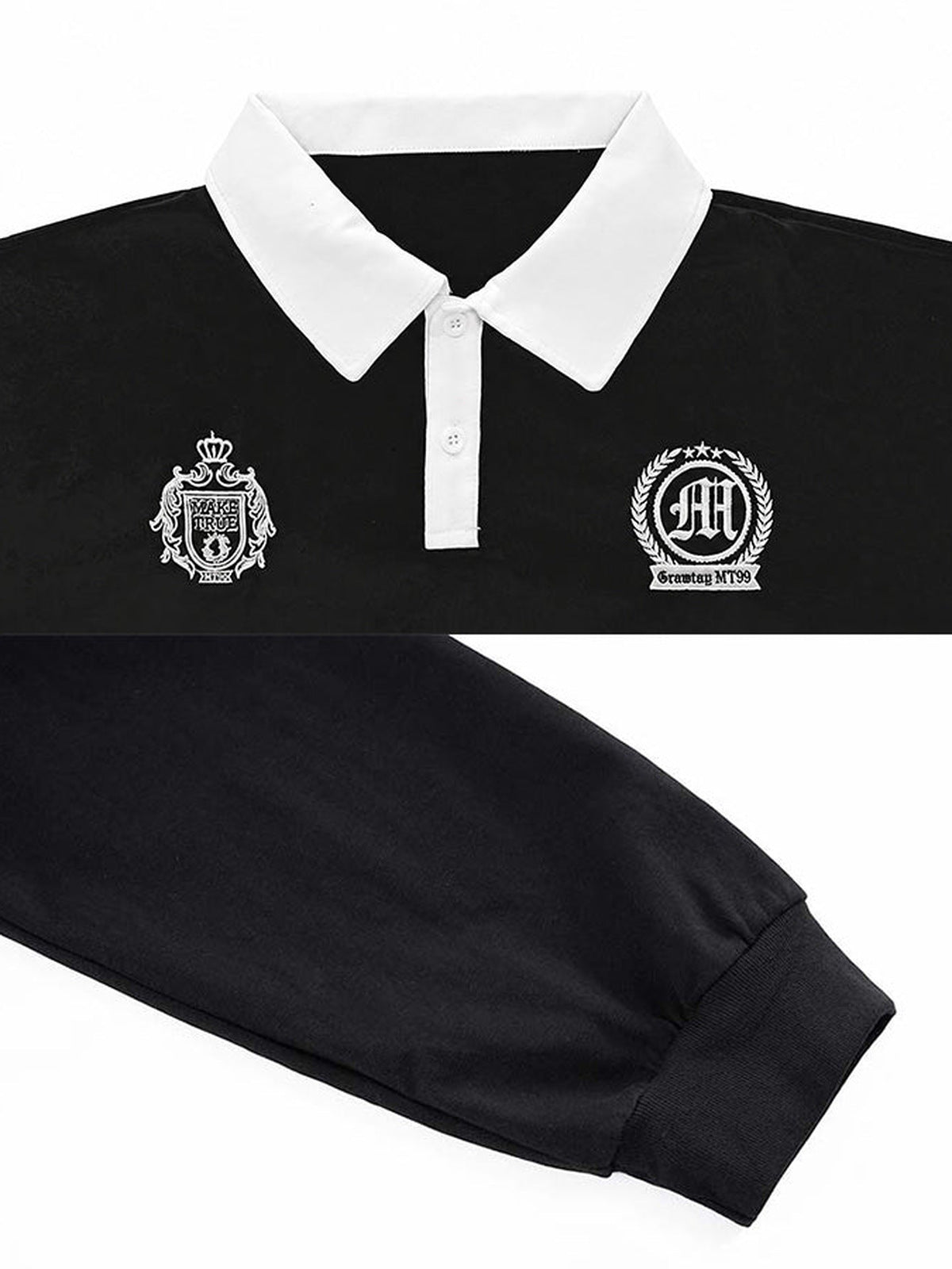 Black Long Sleeve Rugby Polo with Number Patch – collar/crest + cuff close-up | XoKool