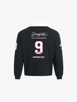 Black Long Sleeve Rugby Polo with Number Patch – flat back | XoKool
