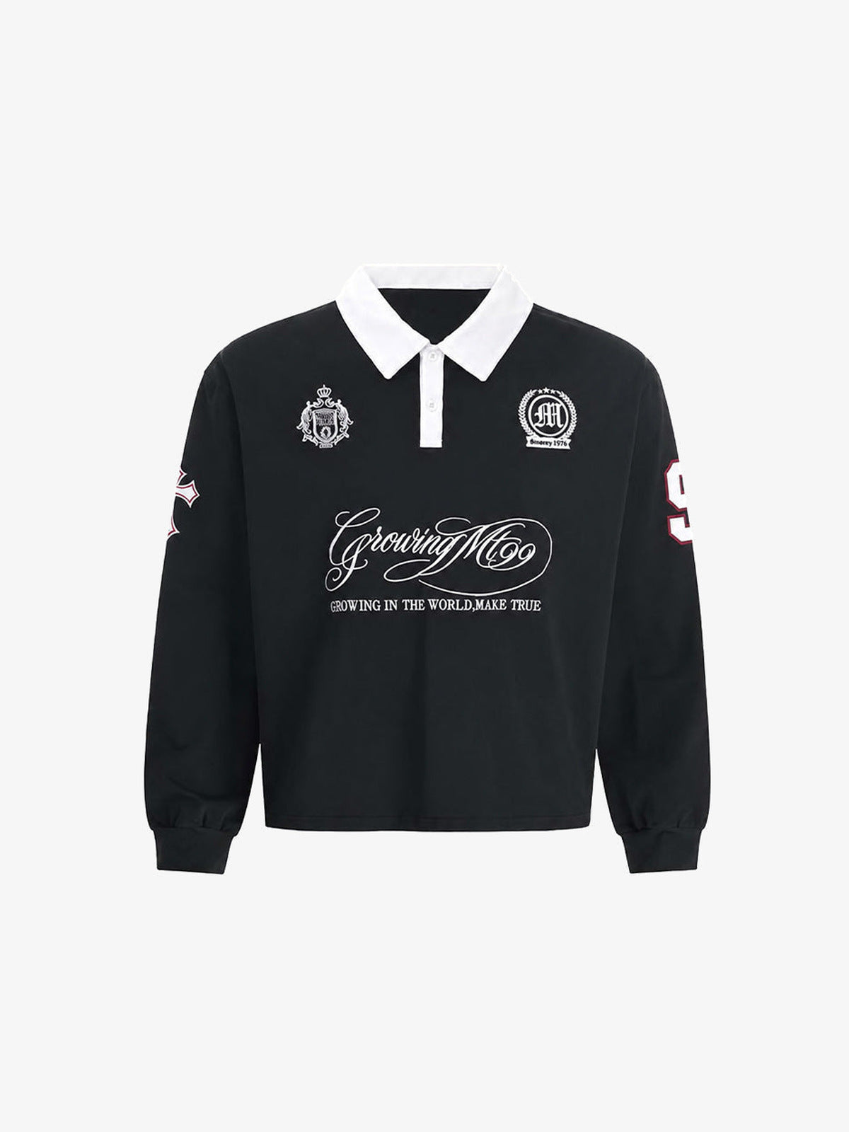 Black Long Sleeve Rugby Polo with Number Patch – flat front | XoKool
