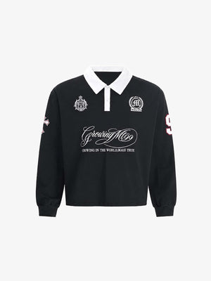 Black Long Sleeve Rugby Polo with Number Patch – flat front | XoKool