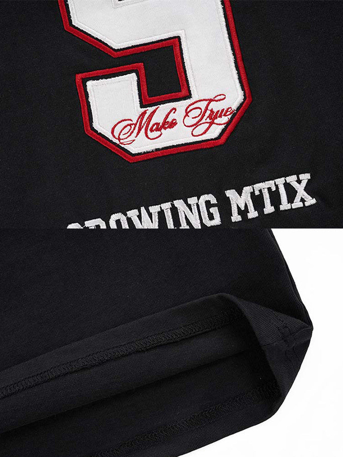 Black Long Sleeve Rugby Polo with Number Patch – number 9 patch + hem close-up | XoKool