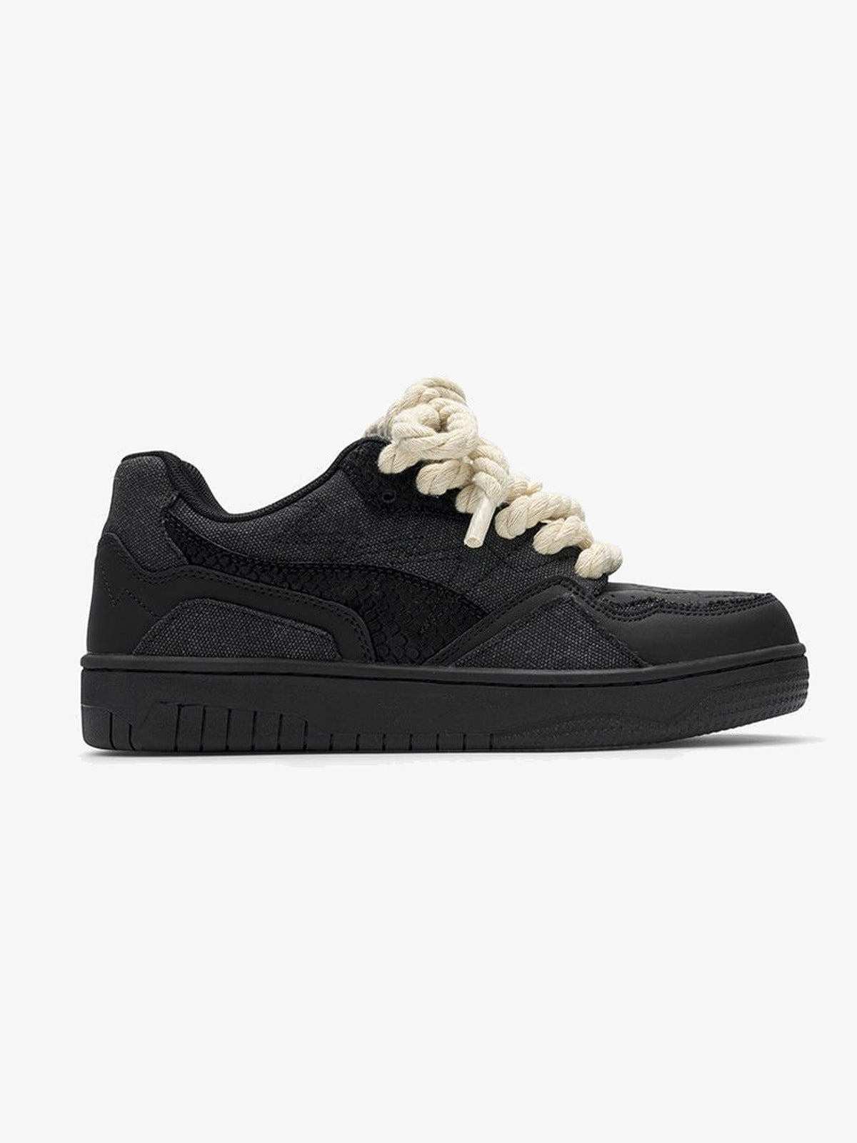 Black Low Top Sneakers with Chunky Rope Laces – side profile | XoKool