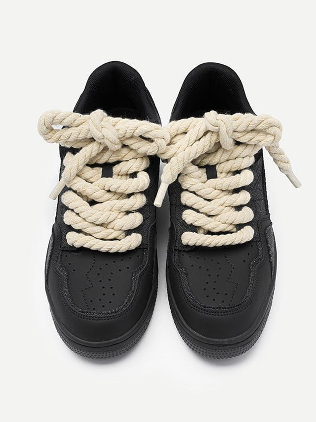 Black Low Top Sneakers with Chunky Rope Laces – top view, rope laces | XoKool