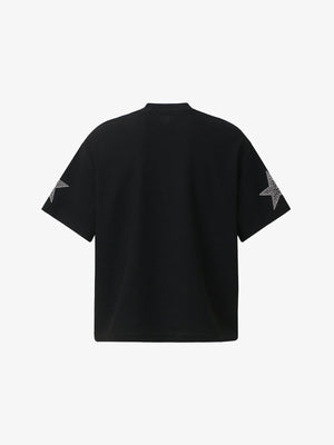 Schwarzes Oversized T-Shirt mit Strass-Tiger und Sternen auf den Ärmeln – Rückseite mit Sternen auf den Ärmeln | XoKool