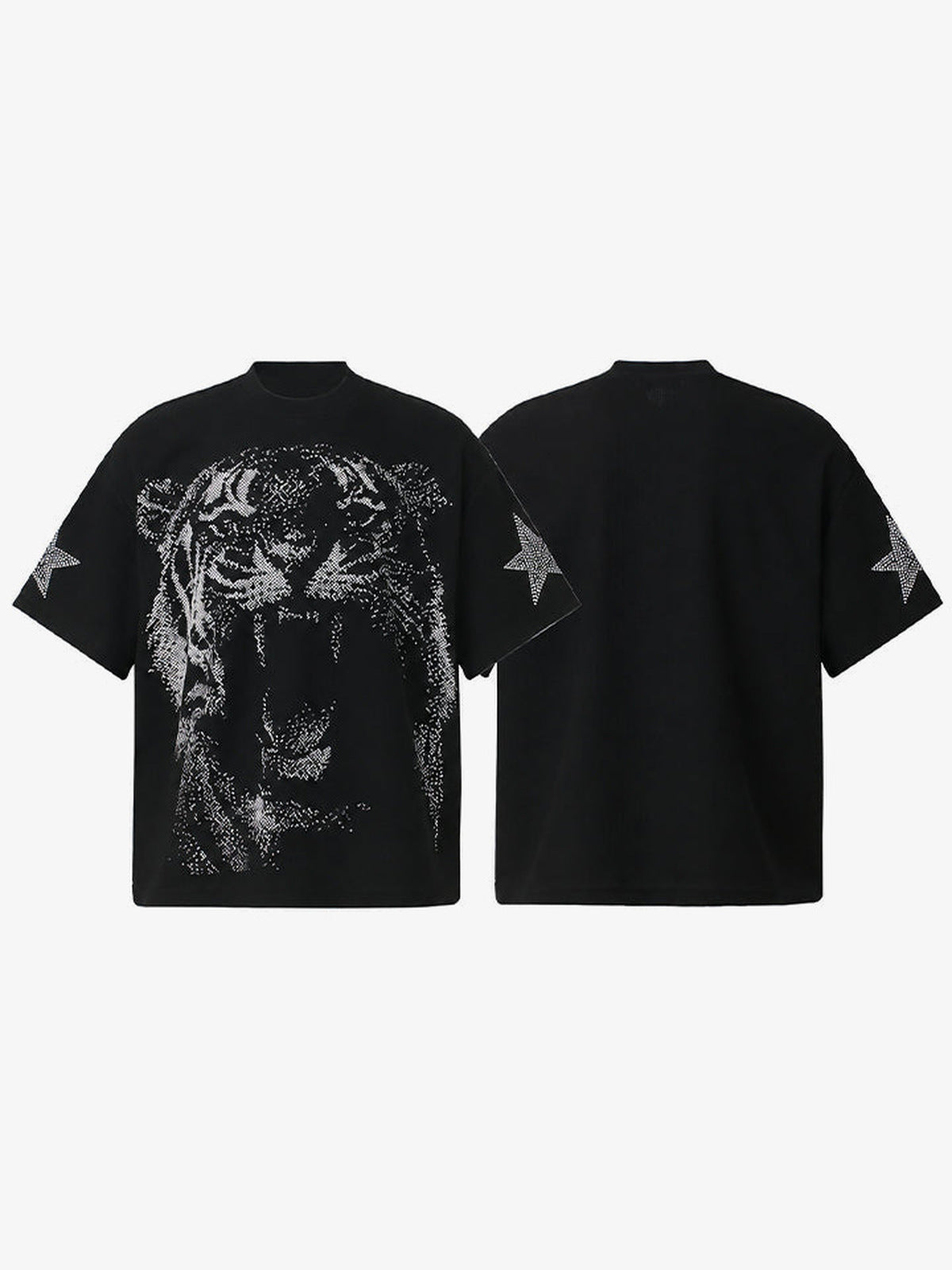 Schwarzes Oversized T-Shirt mit Strass-Tiger und Sternen auf den Ärmeln – Vorder- und Rückseite zusammen | XoKool