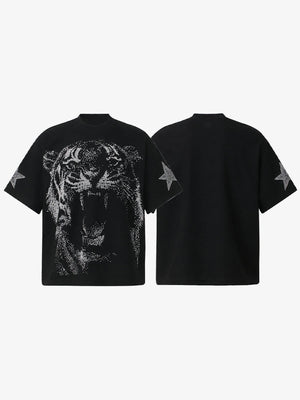 Schwarzes Oversized T-Shirt mit Strass-Tiger und Sternen auf den Ärmeln – Vorder- und Rückseite zusammen | XoKool