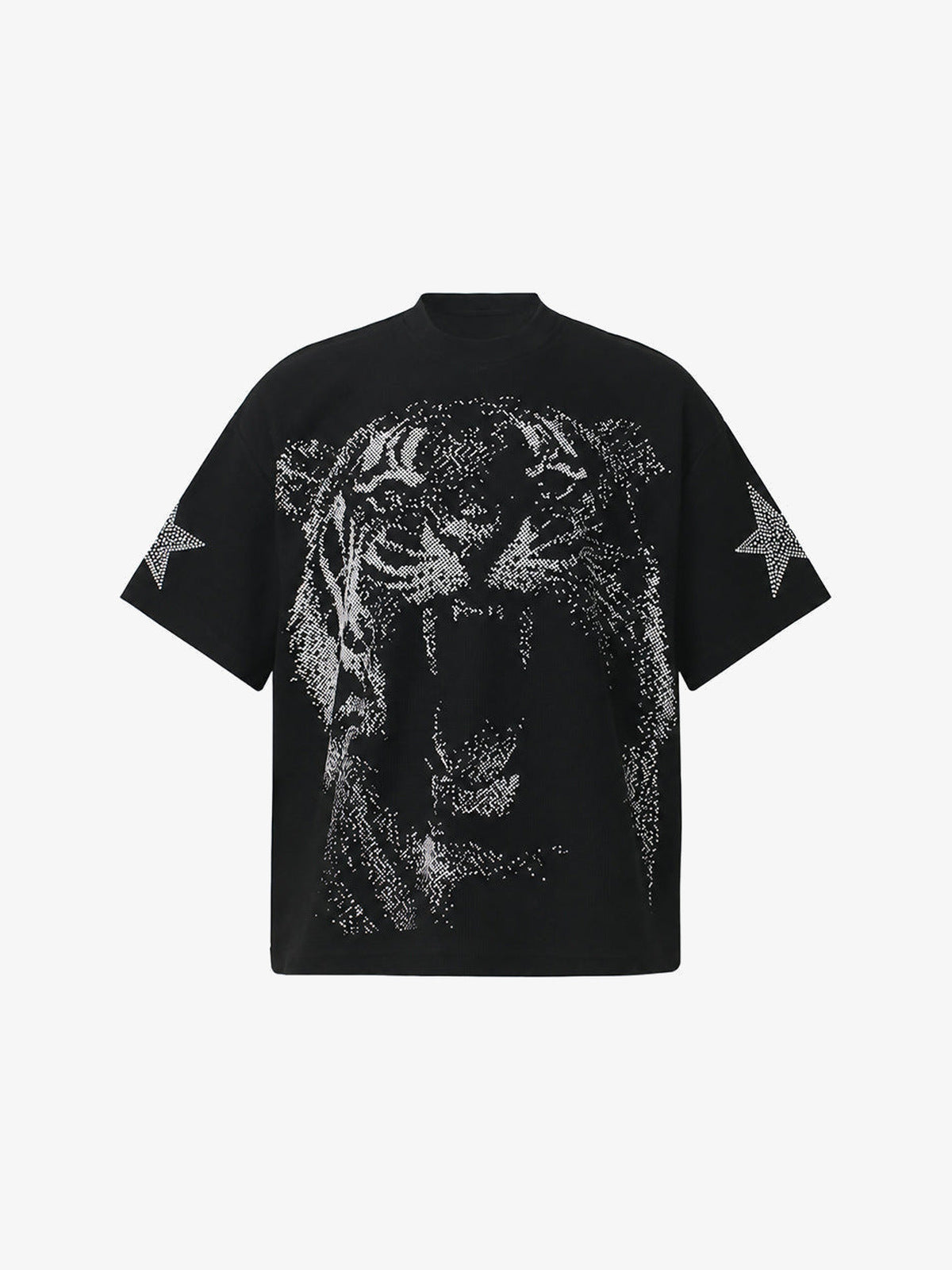 Camiseta oversize negra con tigre de strass y mangas con estrellas – frente | XoKool