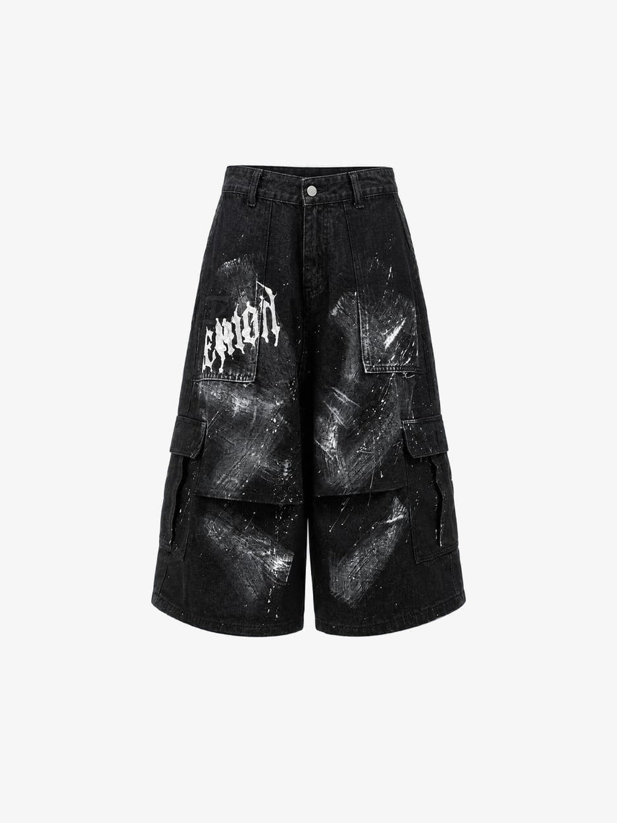 Jorts largos negros con salpicaduras de pintura y estampado gótico – negro, frente sin cinturón | XoKool