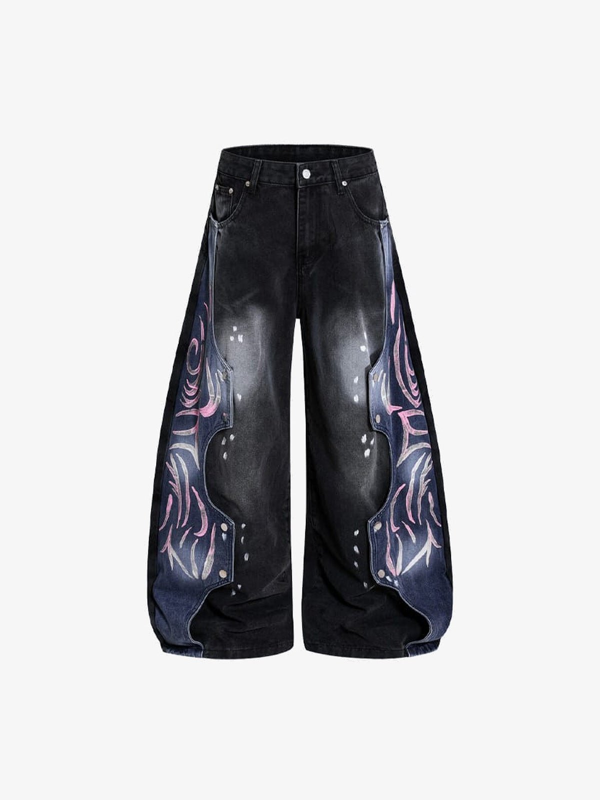 Schwarze bemalte Jeans mit blauen Colorblock-Einsätzen – Vorderansicht flach | XoKool