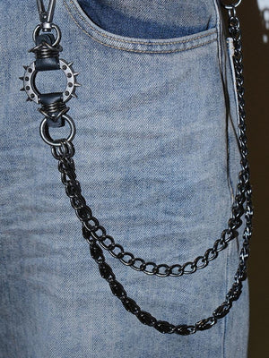 Cadena negra para pantalones con colgantes – detalle, cadena con anillos de engranaje y púas | XoKool