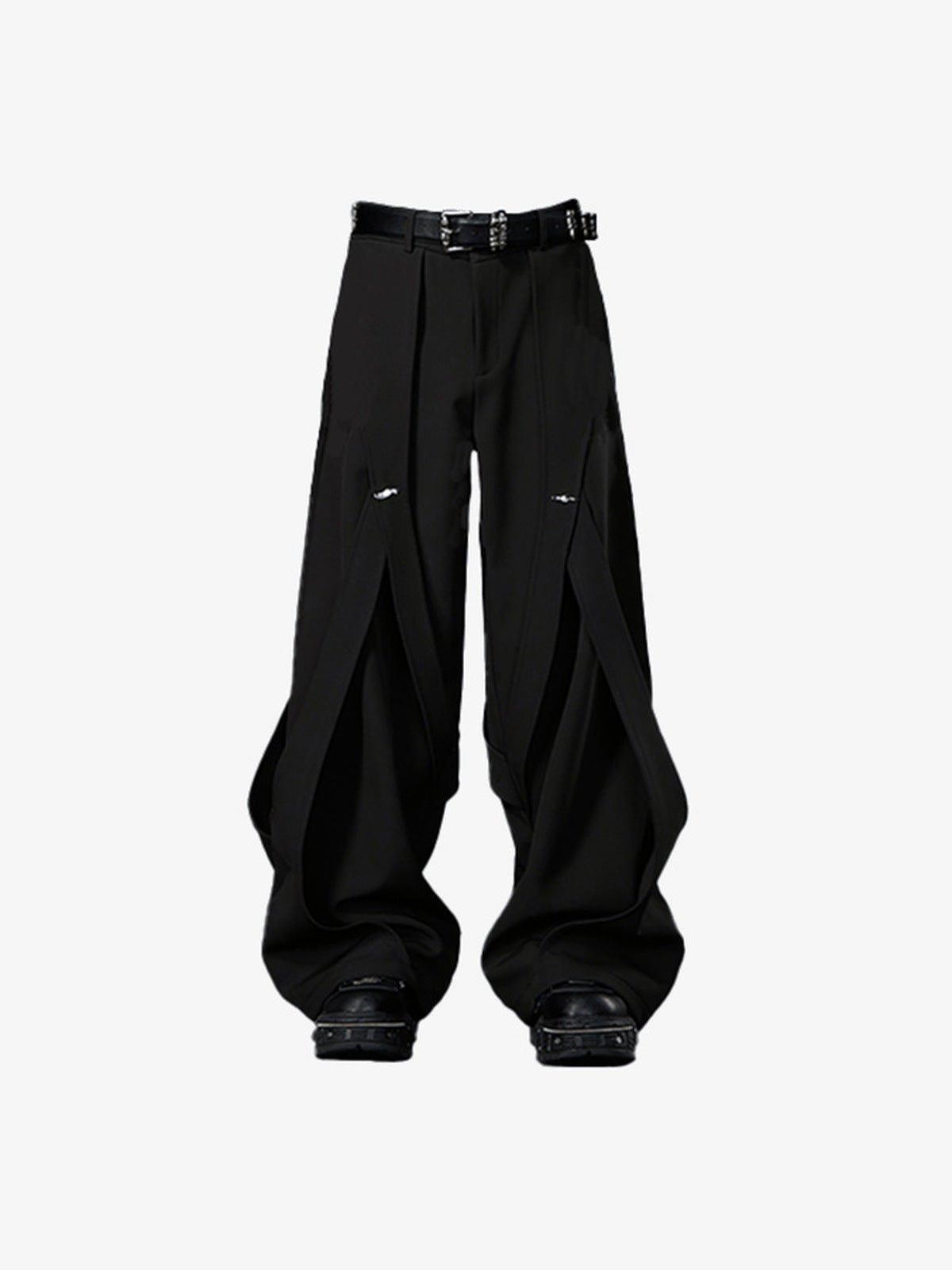 Schwarze plissierte Wide Leg Hose mit Cut-Outs – Vorderseite flach mit Gürtel | XoKool