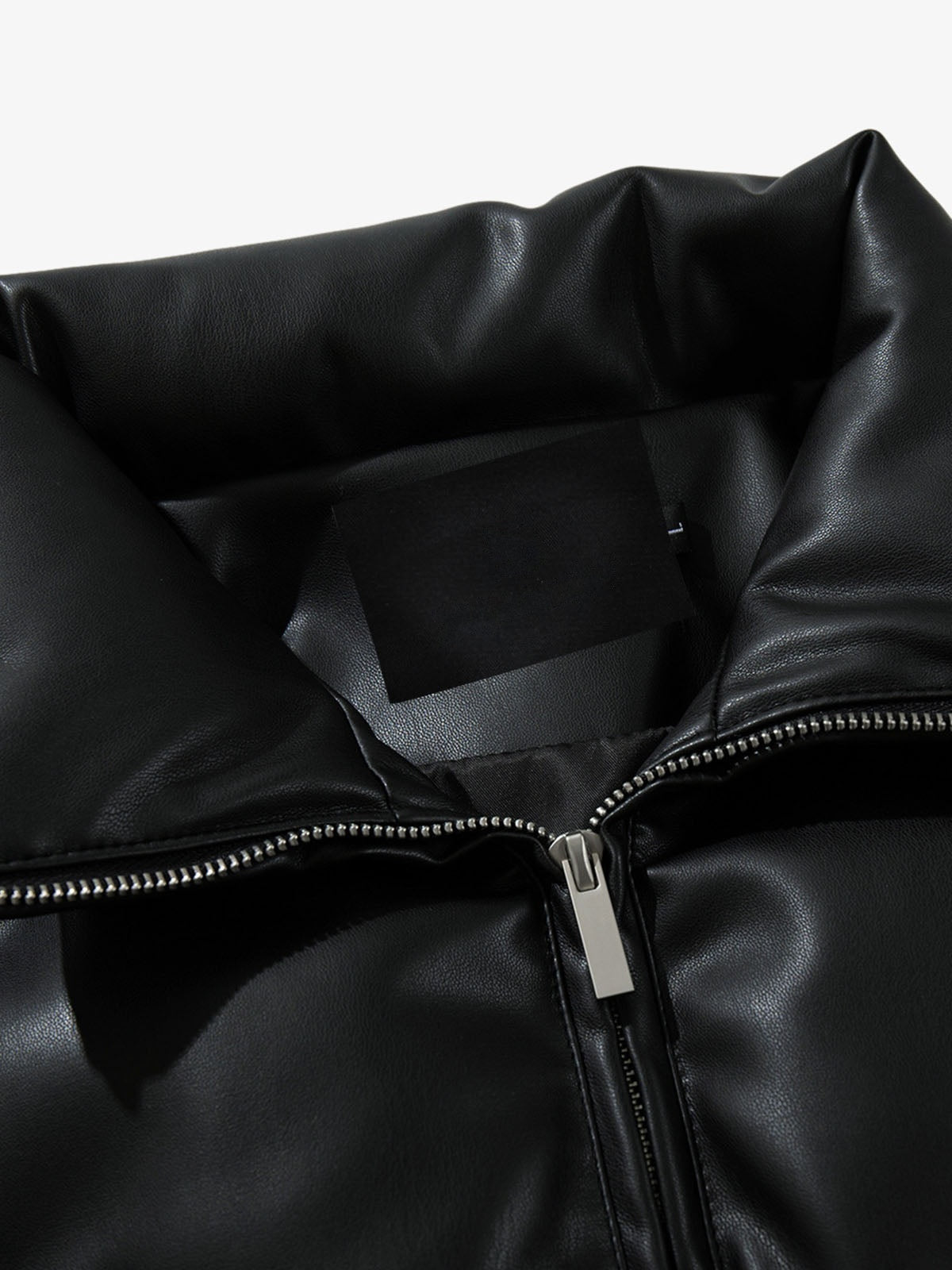 Faux leather puffer vest – Black, inner collar close-up | XoKool