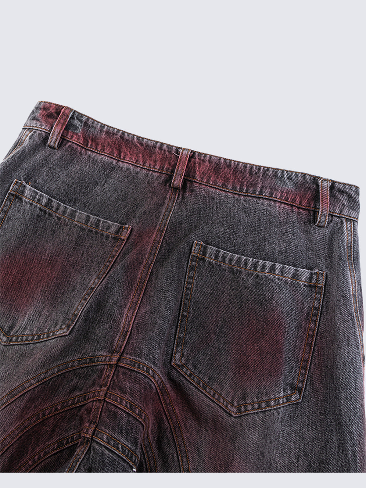 Red fade barrel cargo jeans – back pocket close-up | XoKool