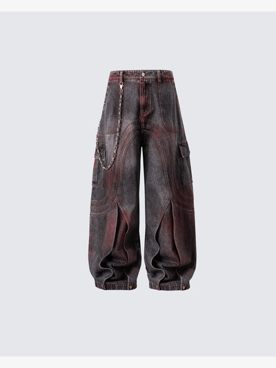 Jean barrel cargo noir et rouge à coutures courbes