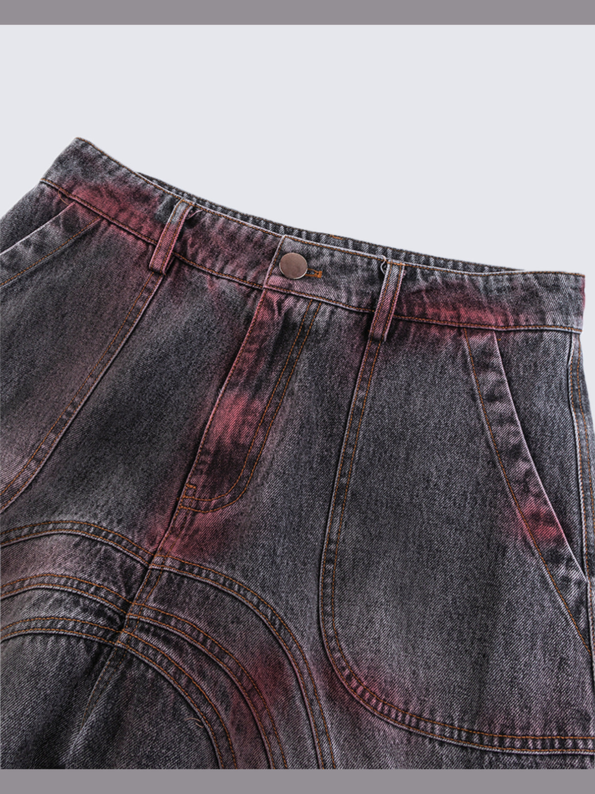 Red fade barrel cargo jeans – front waist close-up | XoKool