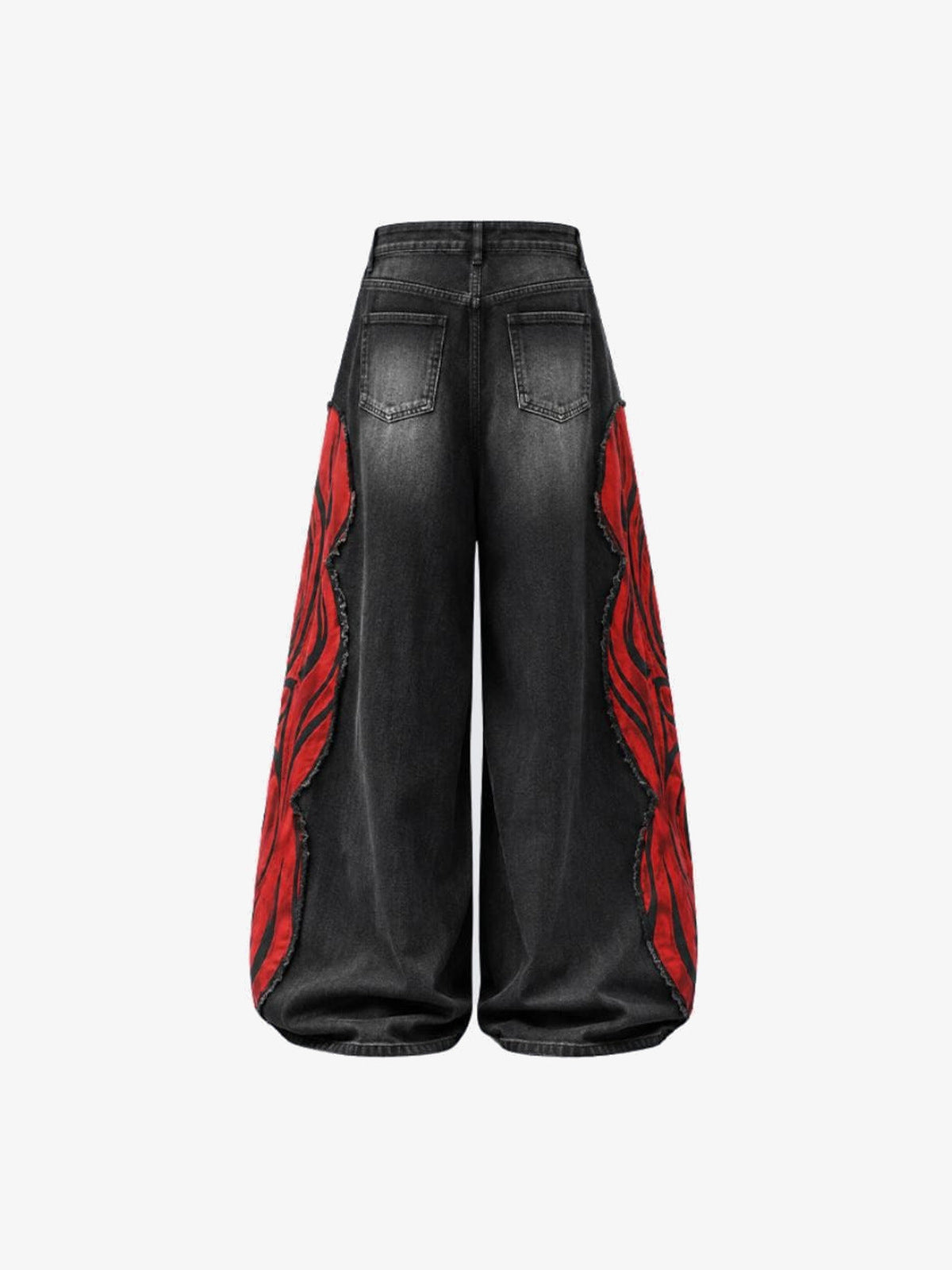 Schwarze Wide Leg Jeans mit roten Flammen-Einsätzen – flach von hinten | XoKool