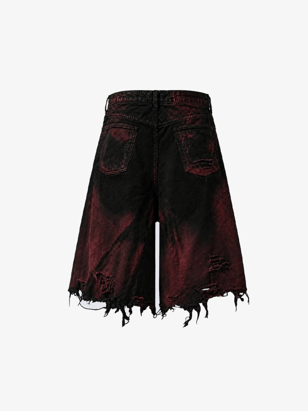 Schwarz-rote Distressed Jorts – Schwarz Rot, Rückseite flach | XoKool