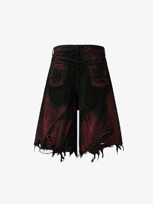 Schwarz-rote Distressed Jorts – Schwarz Rot, Rückseite flach | XoKool