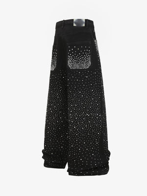 Black Rhinestone Baggy Jeans – Black, back view | XoKool