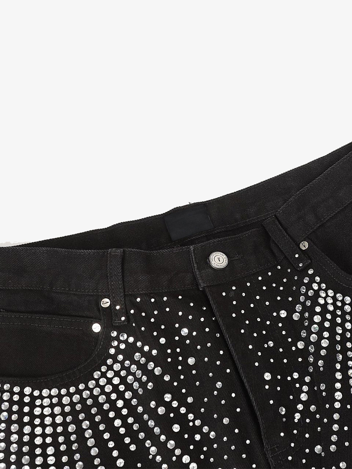 Black Rhinestone Baggy Jeans – Black, waistband close-up | XoKool