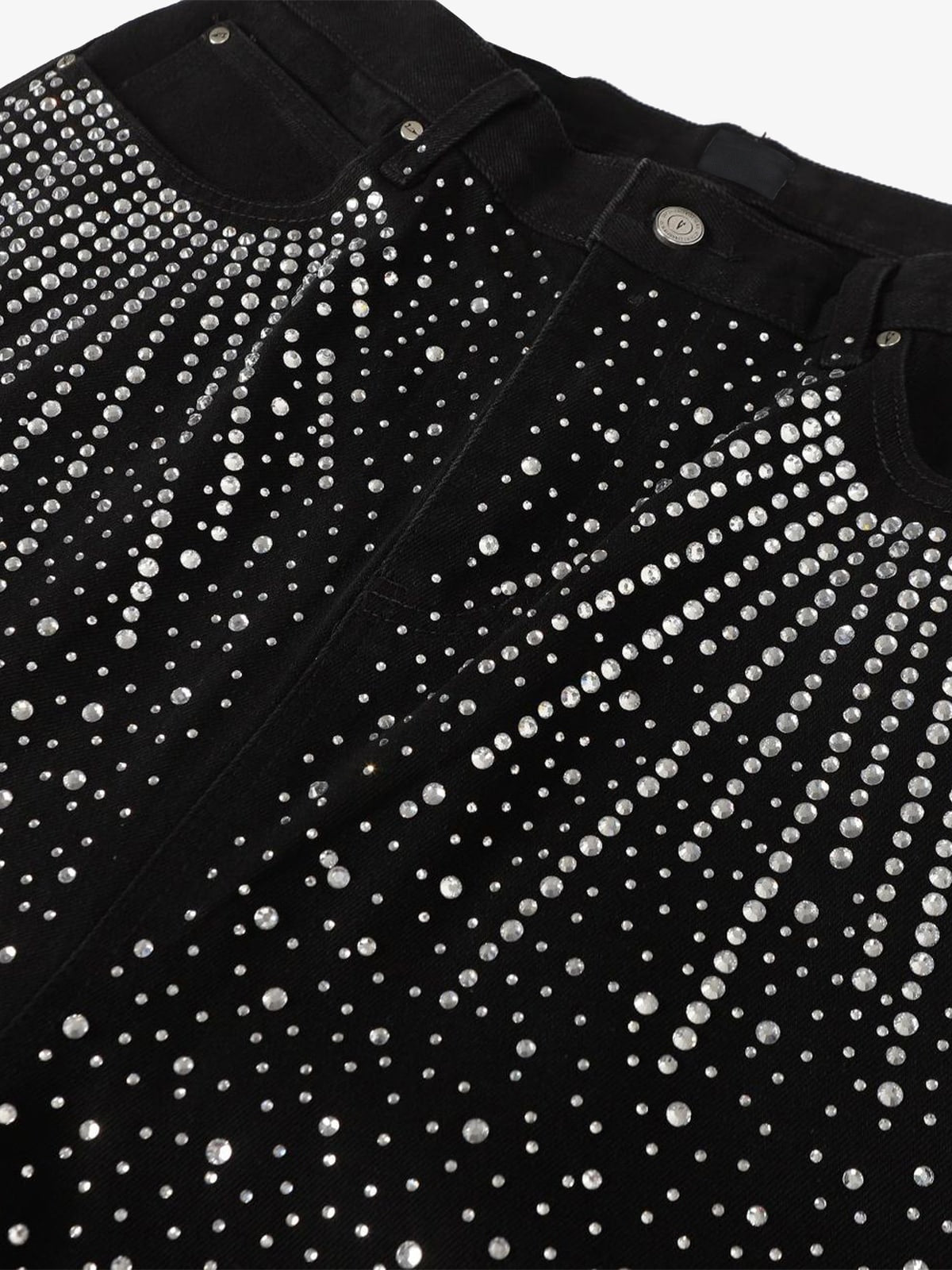 Black Rhinestone Baggy Jeans – Black, front rhinestone sunburst close-up | XoKool