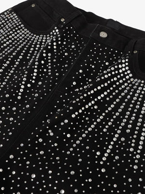 Black Rhinestone Baggy Jeans – Black, front rhinestone sunburst close-up | XoKool