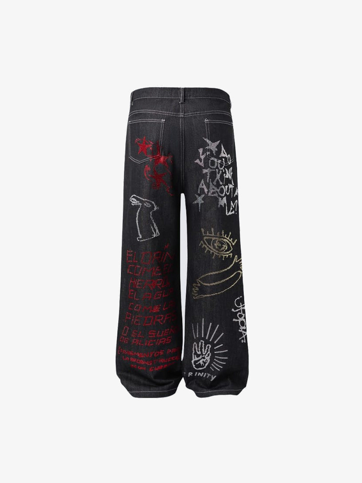 Schwarze Strass-Jeans mit Graffiti-Doodles – Rückseite flach | XoKool