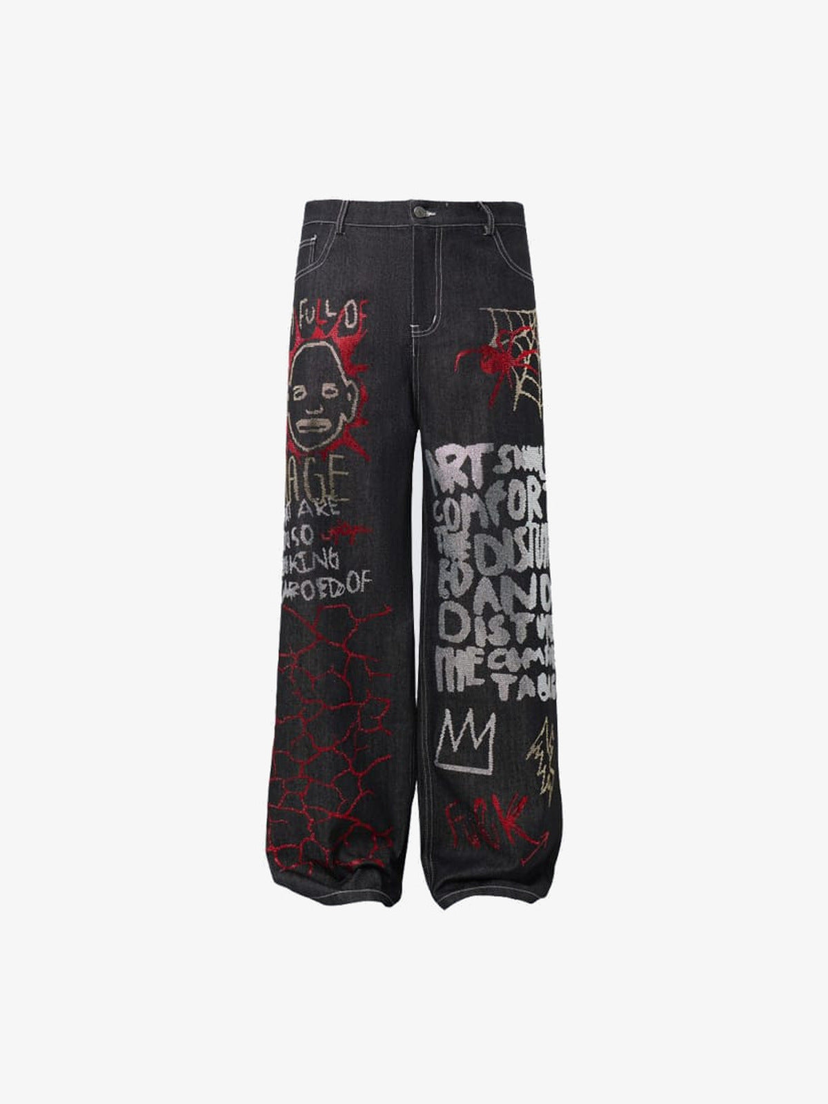 Schwarze Strass-Jeans mit Graffiti-Doodles – Schwarz, Vorderseite flach | XoKool