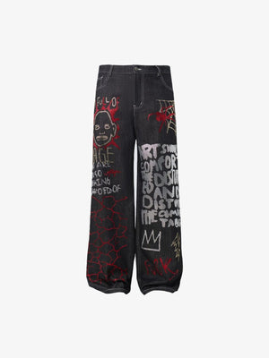 Schwarze Strass-Jeans mit Graffiti-Doodles – Schwarz, Vorderseite flach | XoKool