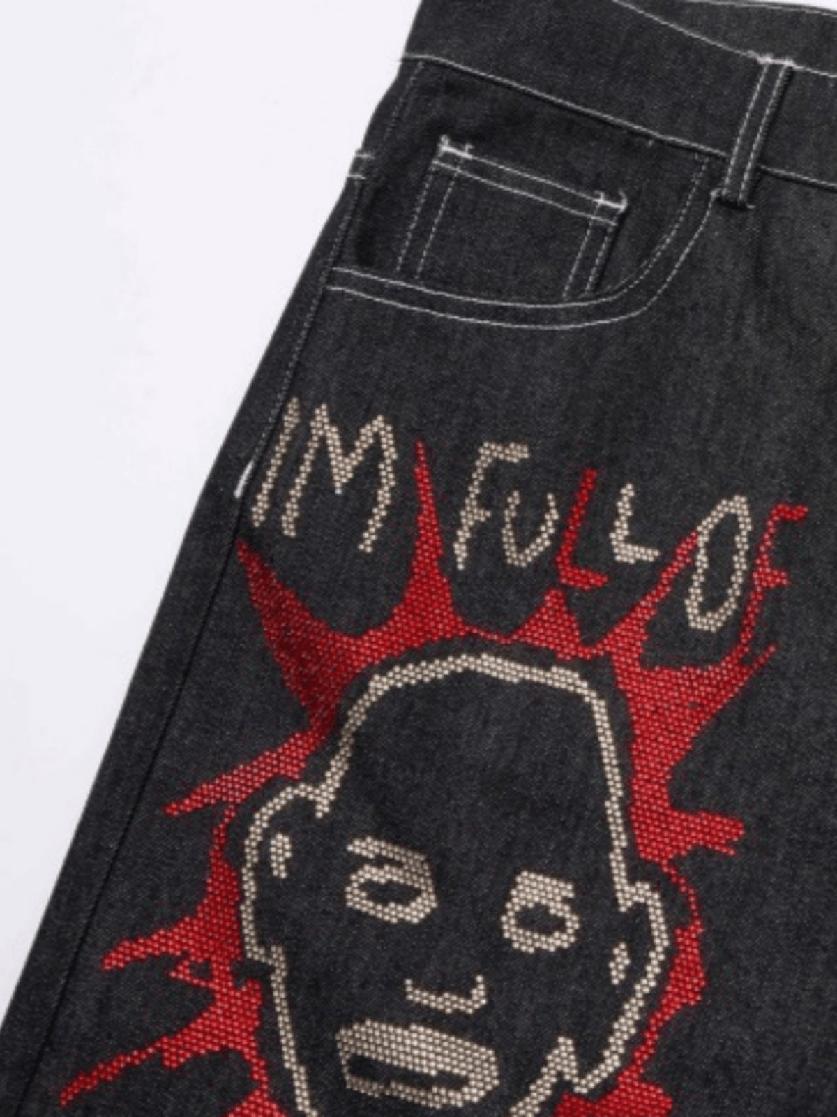 Schwarze Strass-Jeans – Gesichtsmotiv vorne im Detail | XoKool
