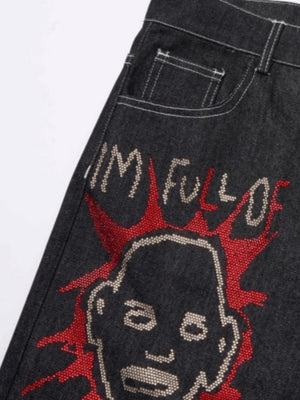 Schwarze Strass-Jeans – Gesichtsmotiv vorne im Detail | XoKool