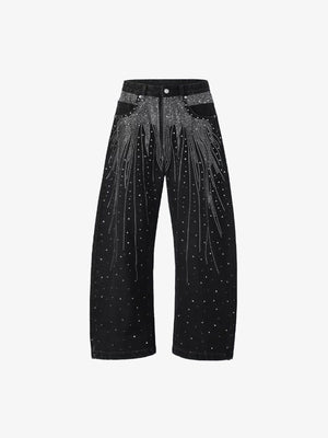 Schwarze Wide Leg Jeans mit Strasssteinen – Vorderseite flach | XoKool