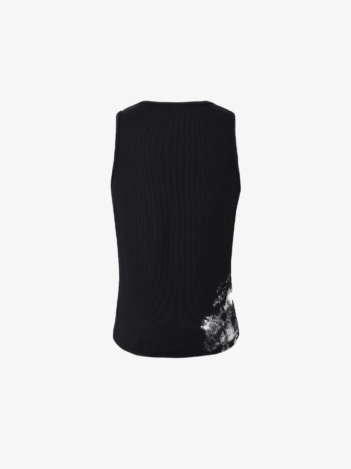 Schwarzes geripptes Tanktop mit Kreuz und Farbspritzern – Rückansicht flach | XoKool