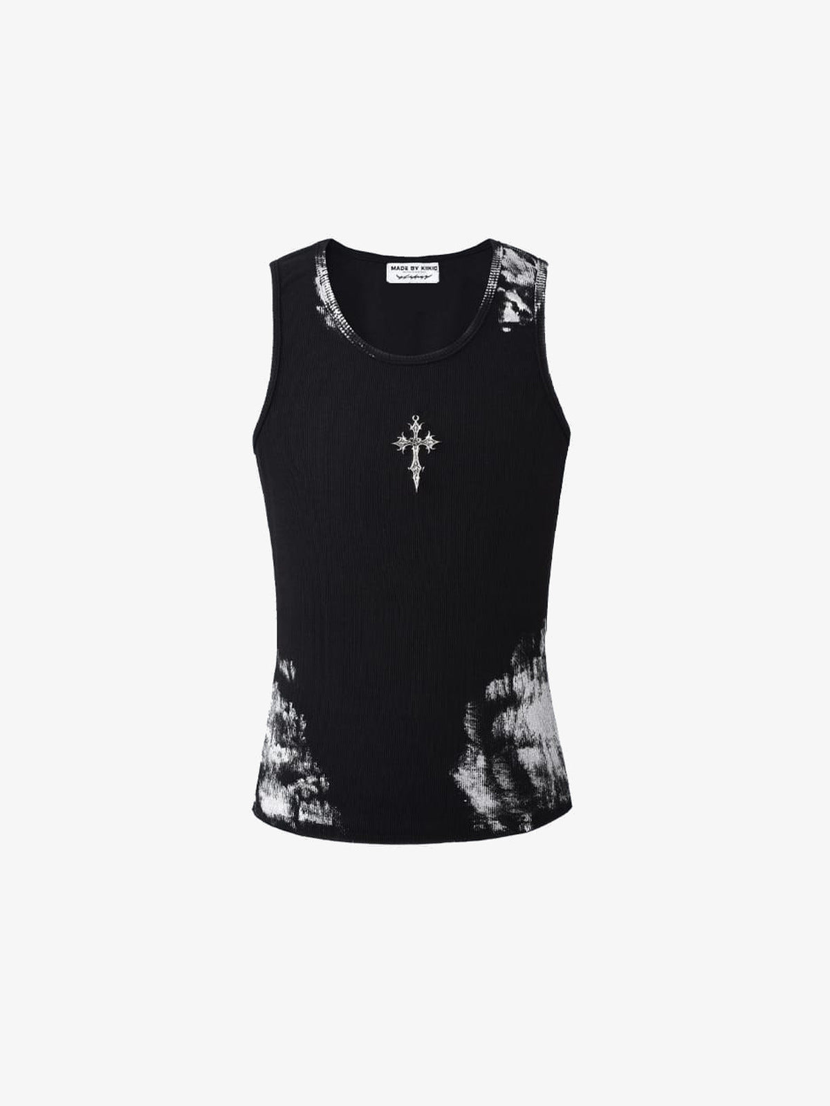 Schwarzes geripptes Tanktop mit Kreuz und Farbspritzern – Schwarz, Vorderansicht flach | XoKool