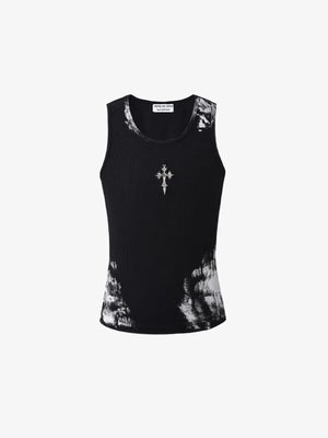 Black Ribbed Cross Tank Top with Paint Splatter – Black, front flat | XoKool