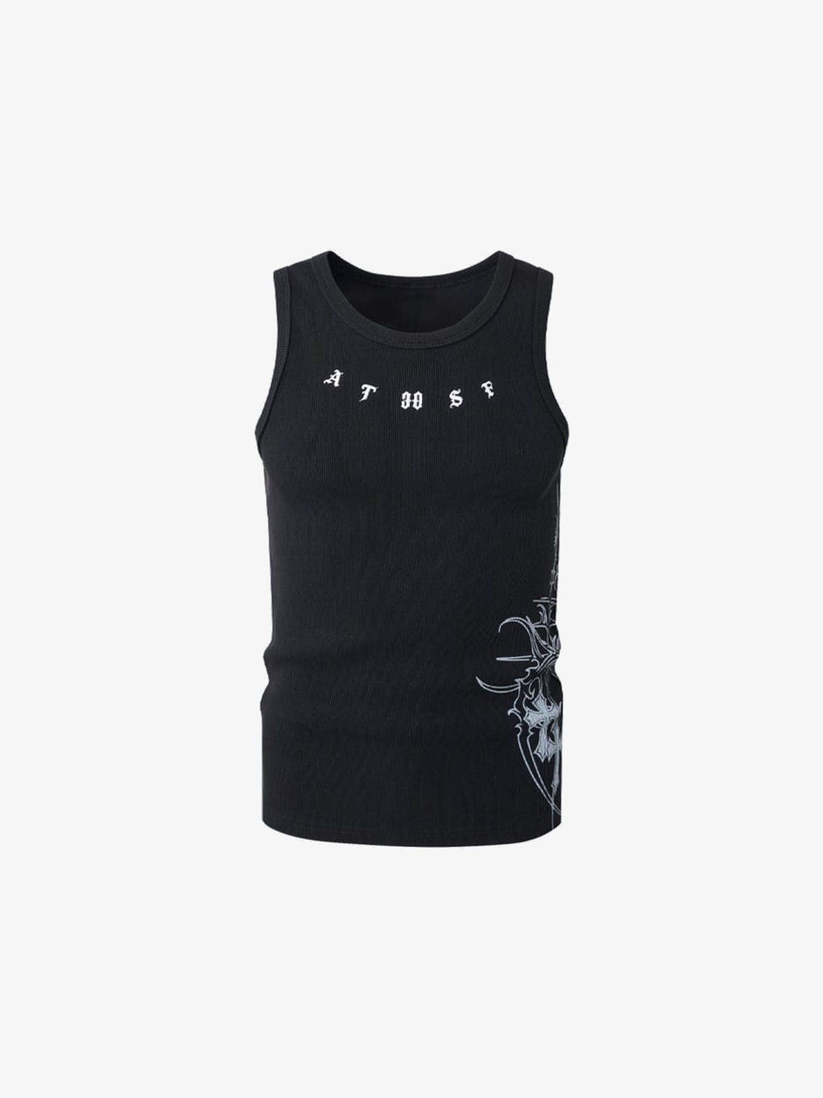 Schwarzes geripptes Tanktop mit gotischem Kreuz-Print – Schwarz, Vorderseite flach | XoKool