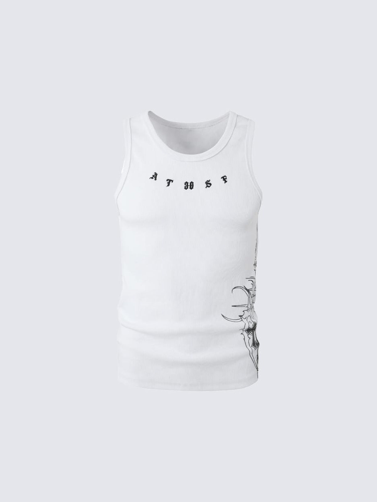 Camiseta sin mangas acanalada negra con estampado de cruz gótica – Blanco, frontal plana | XoKool
