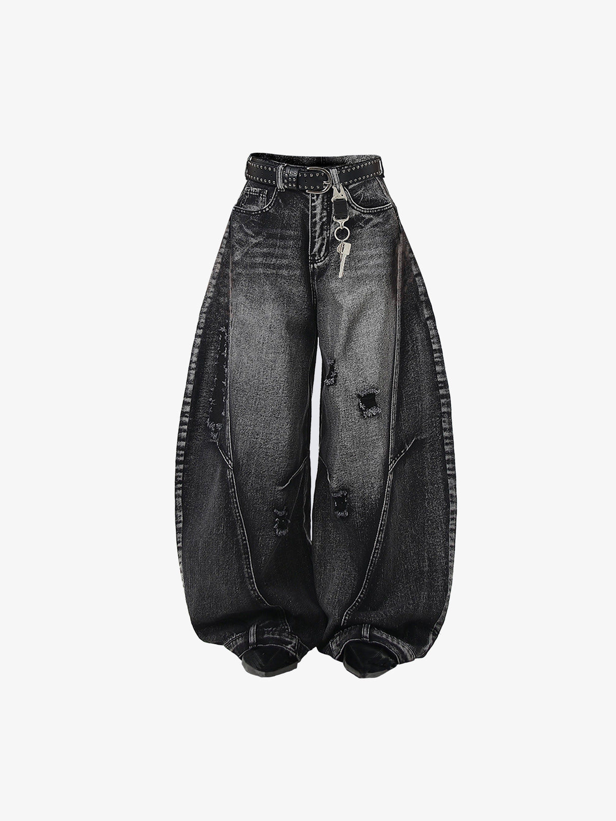 Black Ripped Barrel Jeans with Faded Wash – front flat lay with chain | XoKool