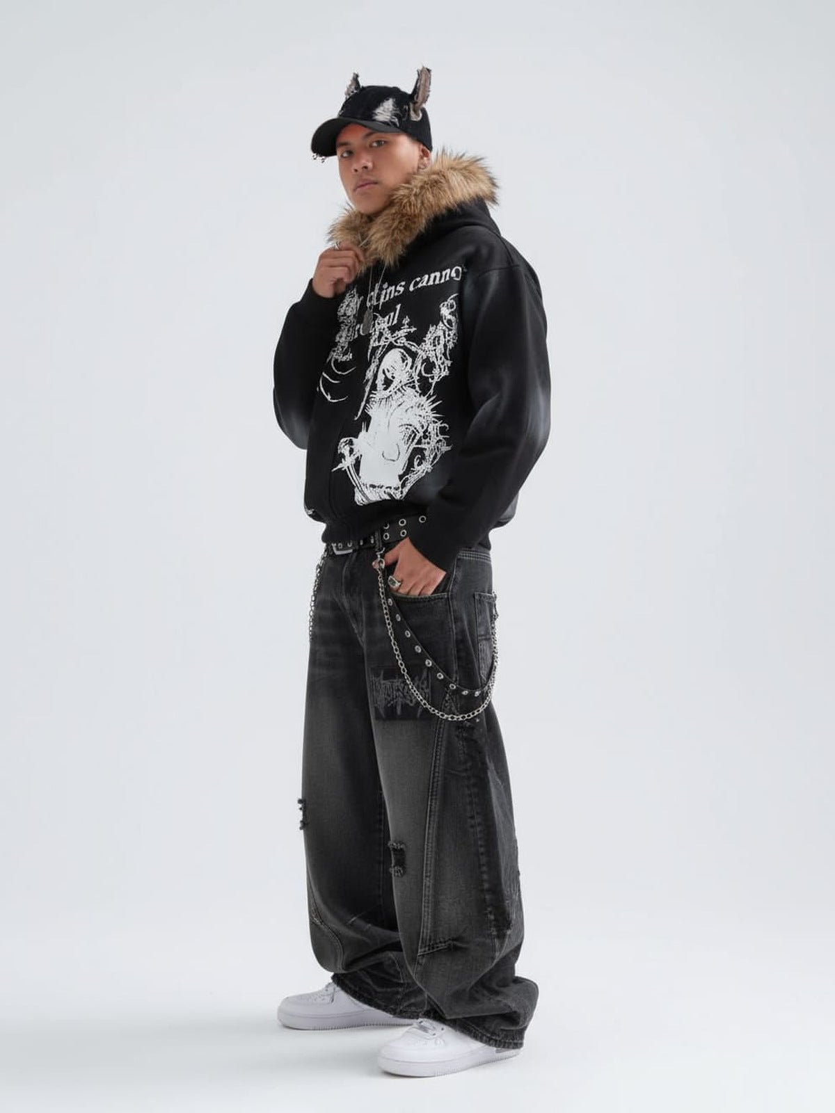 Black Ripped Barrel Jeans with Gothic Letter Patches – on model, side full body | XoKool