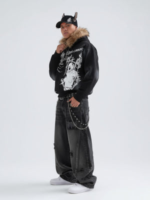 Black Ripped Barrel Jeans with Gothic Letter Patches – on model, side full body | XoKool