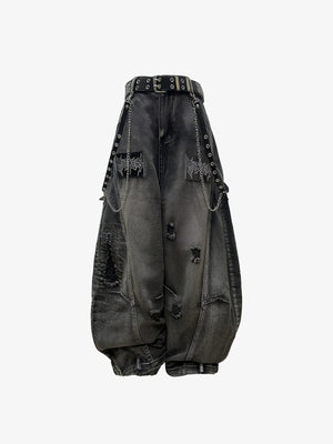 Black Ripped Barrel Jeans with Gothic Letter Patches – Washed Black, front flat | XoKool
