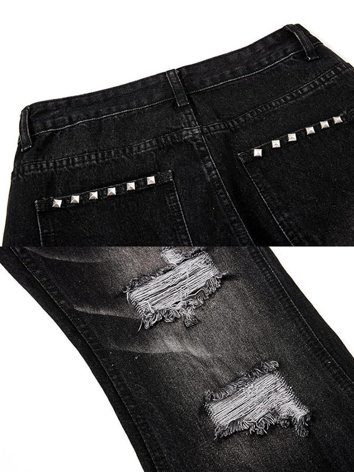 Studded flare jeans – back studs and rips collage | XoKool