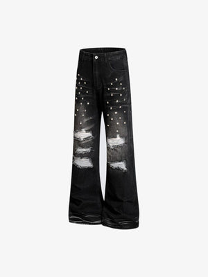 Black Ripped Flare Jeans with Studs – front flat alt | XoKool