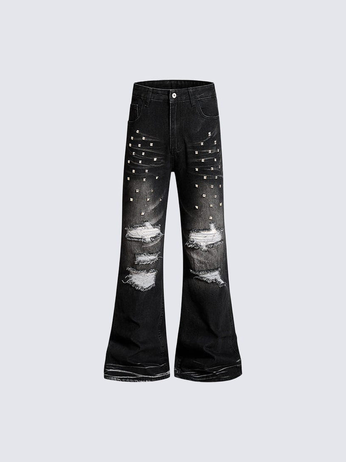 Jeans acampanados (flare) negros rotos con tachuelas – frente, plano | XoKool