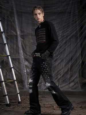 Black Ripped Flare Jeans with Studs – on model, side | XoKool