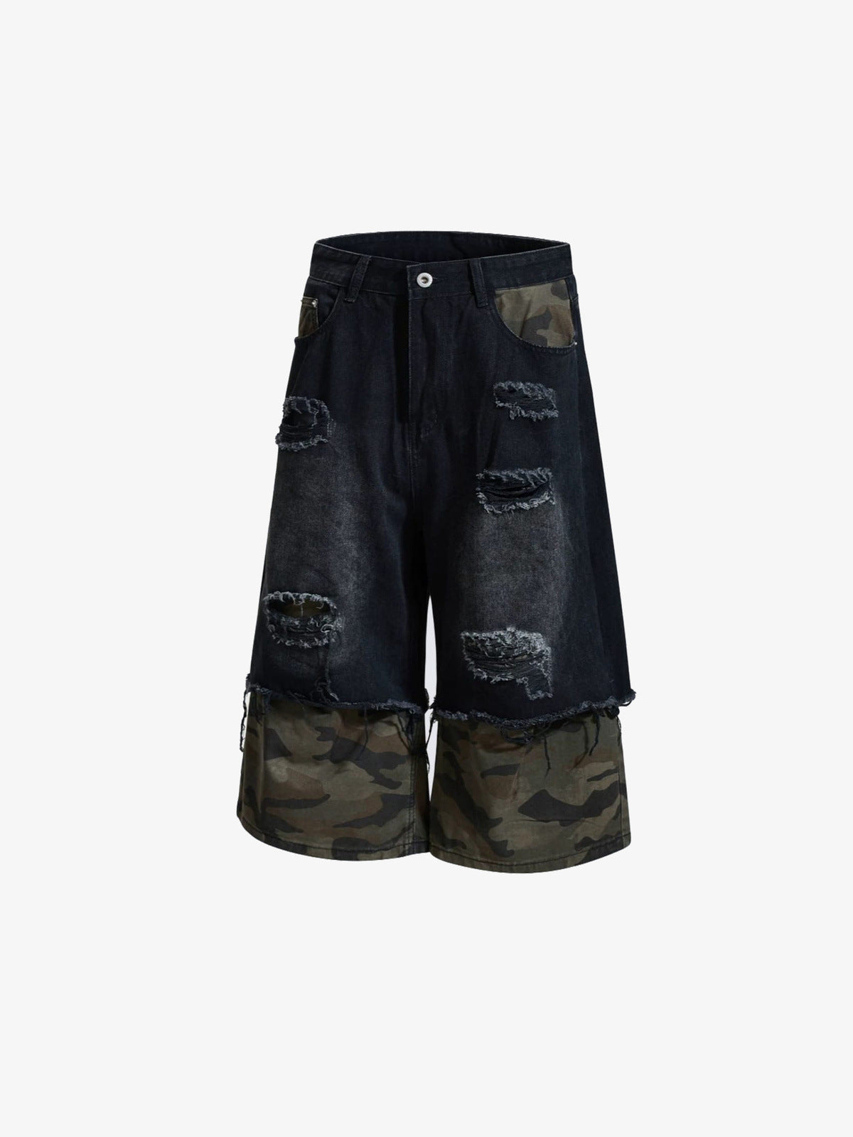 Schwarze Ripped Jorts mit Camo-Layer-Saum – Vorderansicht flach | XoKool