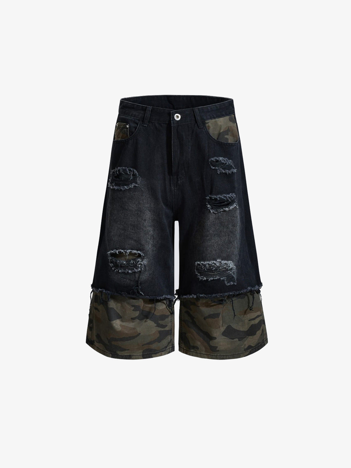 Schwarze Ripped Jorts mit Camo-Layer-Saum – Vorderansicht flach | XoKool