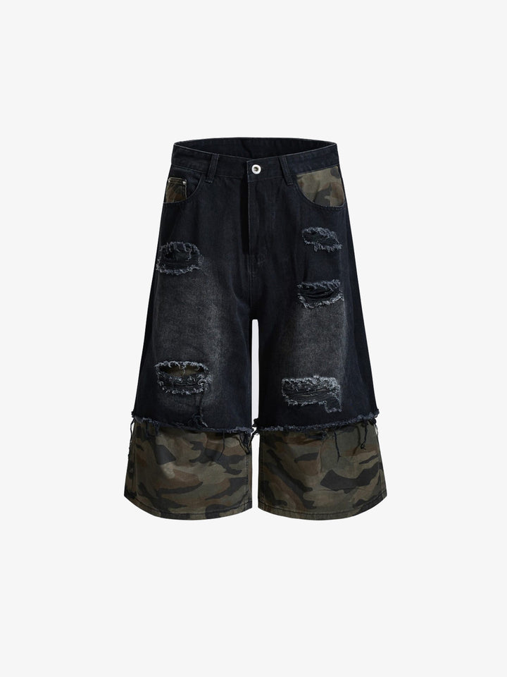 Schwarze Ripped Jorts mit Camo-Layered-Saum