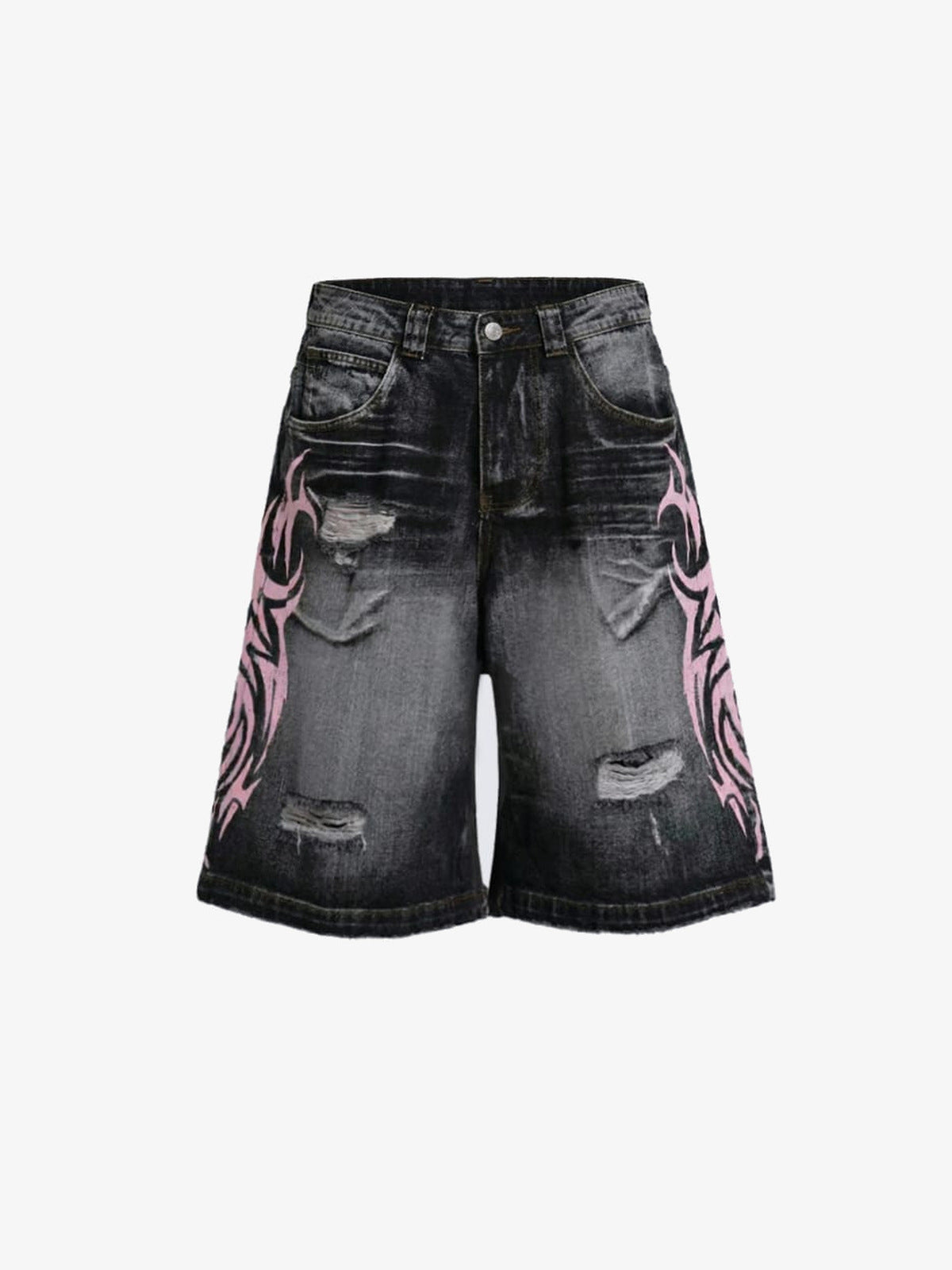 Schwarze Ripped Jorts mit pinkem Tribal-Print – Vorderansicht flach | XoKool
