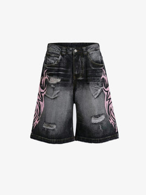 Black Ripped Jorts with Pink Tribal Print – front flat | XoKool